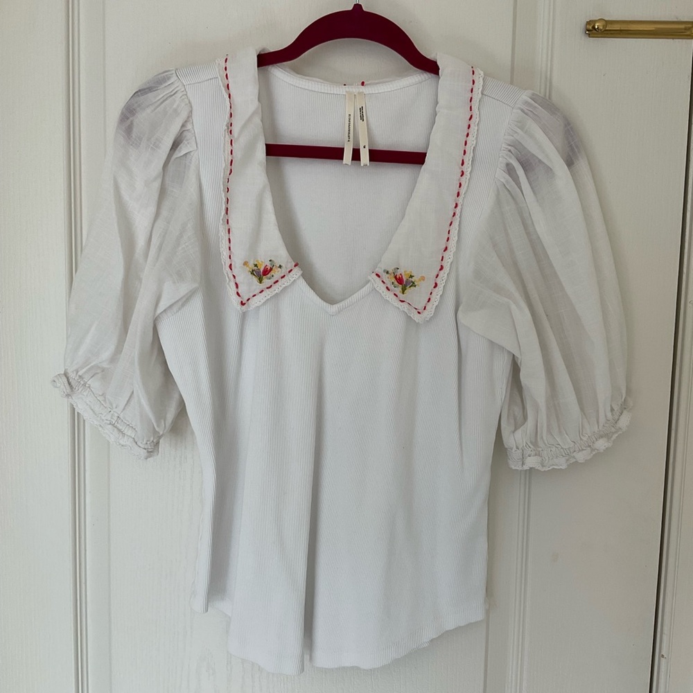 White Blouse with Embroidered Collar